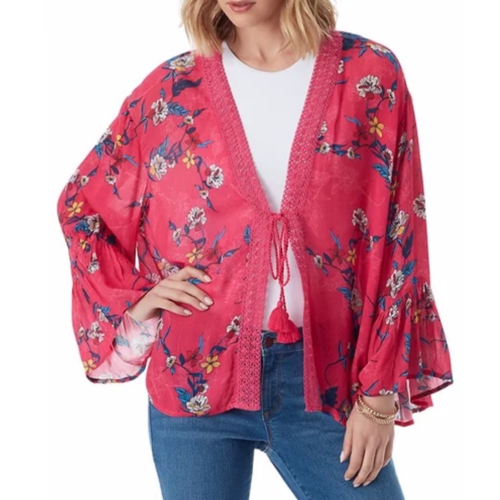 Jessica Simpson Freya floral Kimono Sz XS crochet trim front tie